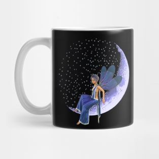 Fairy faerie elf sitting on sickle moon with stars in blue dress Mug